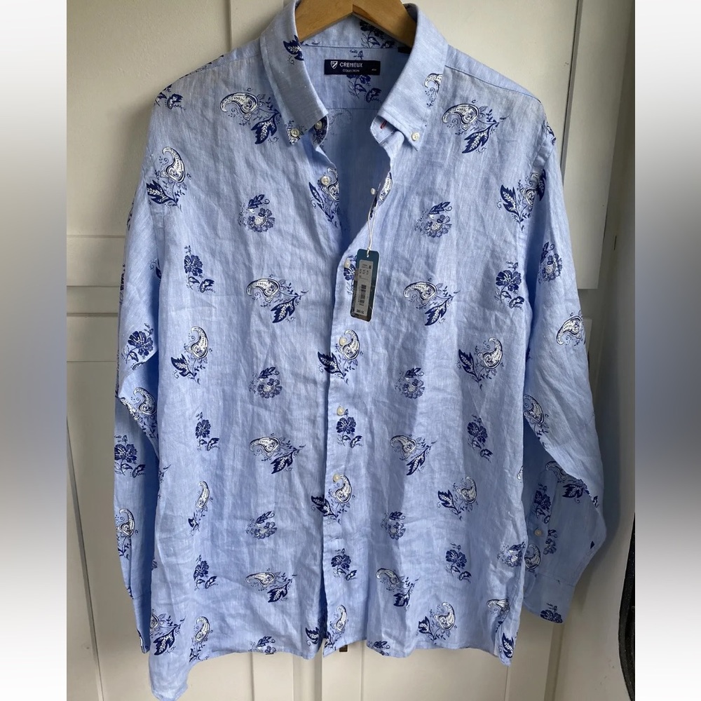 NWT Cremieux Button up Long Sleeve Shirt Men Size L 100% Linen Floral Blue
